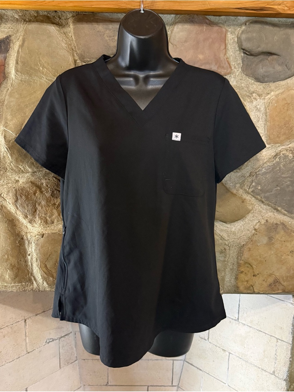 Women's Black V-Neck Short Sleeve Scrub Top with Chest Pocket